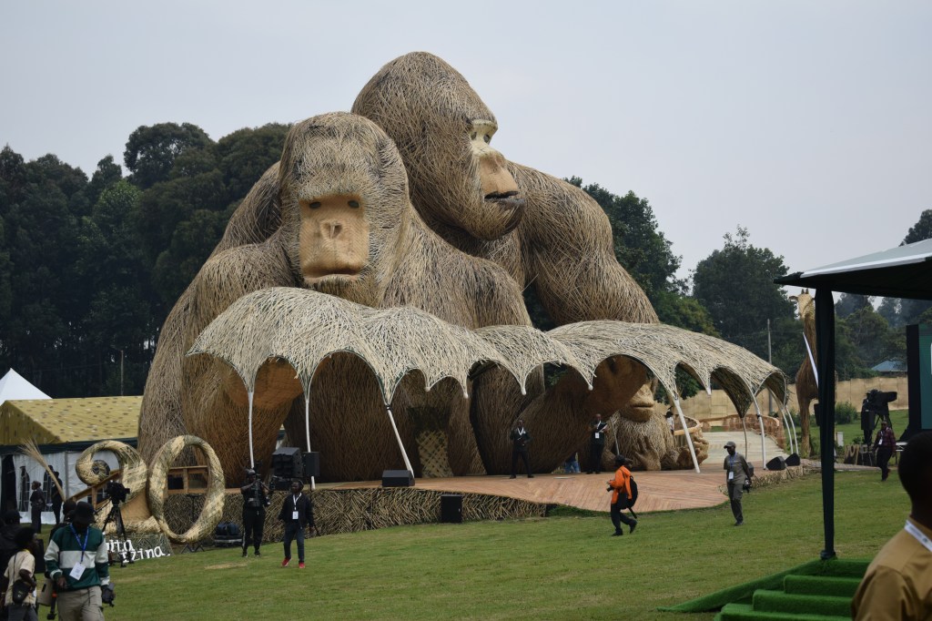 two massive ratan gorillas looming over the Kwita Izina grounds